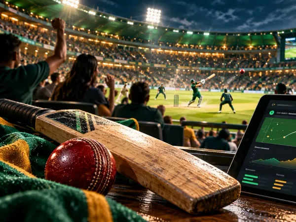 m444 Cricket bat and ball beside a match dashboard in a floodlit stadium