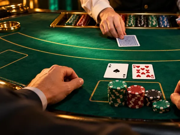 m444 Blackjack hand with an ace and ten beside casino chips on green felt