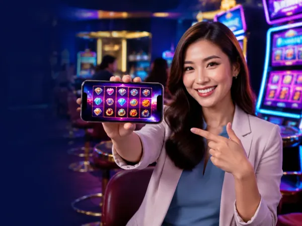 m444 Woman holds a phone with colourful fruit reels on screen