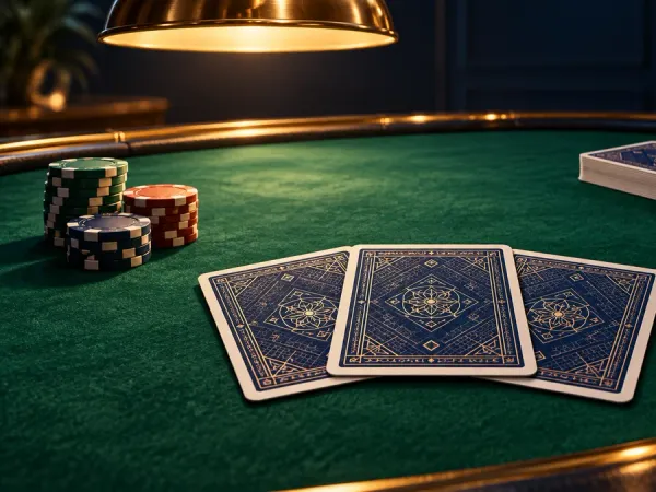 m444 Three face-down blue playing cards with chips and a deck on a green table