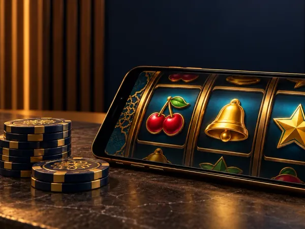 m444 Smartphone showing illustrated fruit, bell and star reels beside casino chips