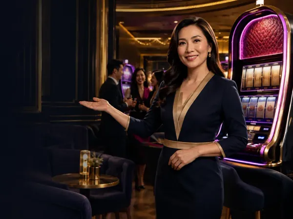 m444 Woman in a dark blazer beside a slot machine in a dim lounge