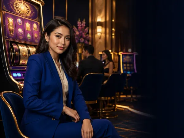 m444 Woman in a blue suit seated beside slot machines in a warm-lit lounge