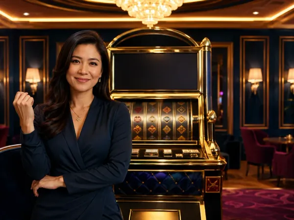 m444 Woman seated before a gold-framed slot machine in an elegant lounge