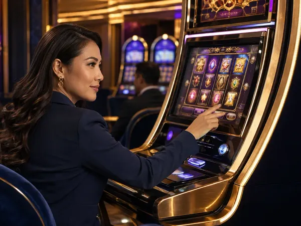 m444 Seated woman looks back from a slot machine with golden trim