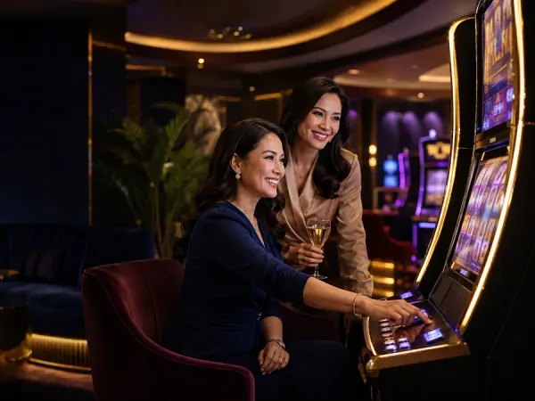 m444 Two women seated together at slot machines in a dark lounge
