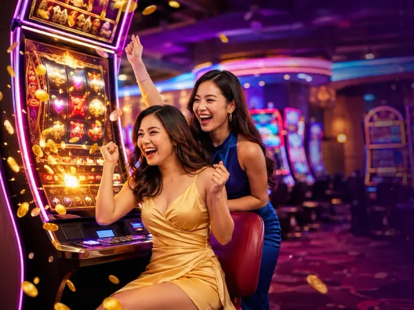 m444 Two women beside golden slot reels and illustrated coins