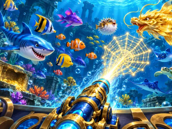 m444 Illustrated fishing arcade cannon fires a glowing net towards colourful fish