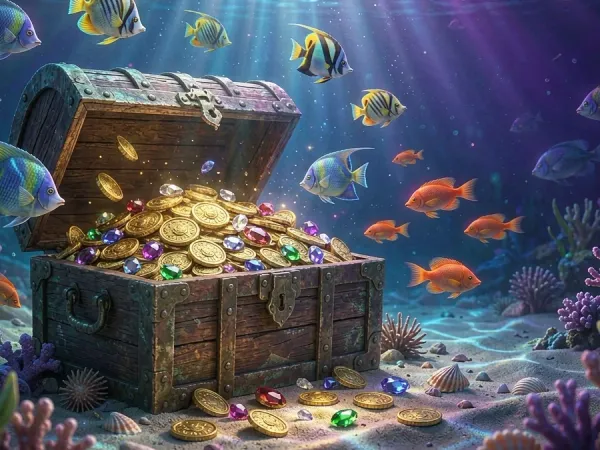 m444 Open treasure chest with coins and fish underwater