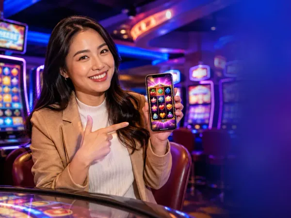 m444 Woman points at a phone with illustrated reels in a casino