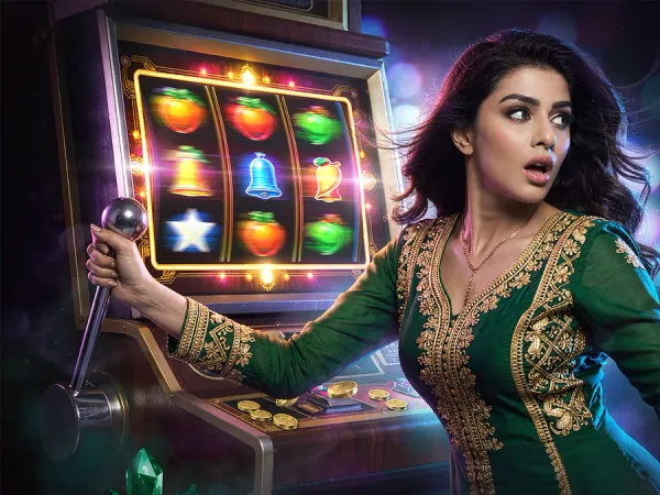 m444 Woman pulls a slot machine lever beside glowing reels and scattered coins